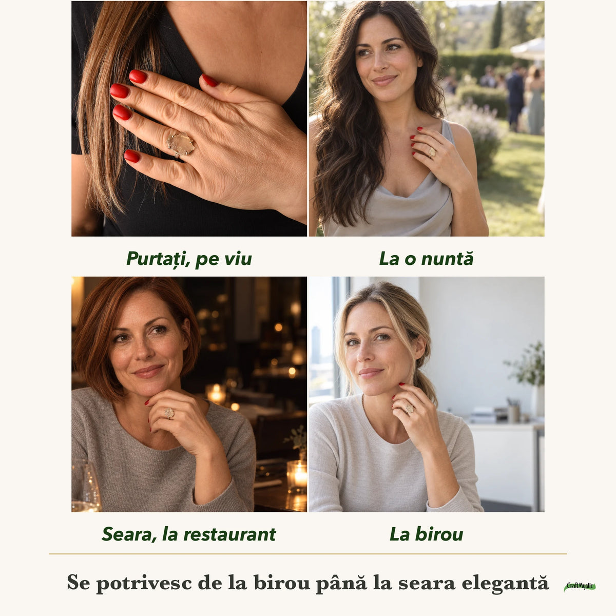 Inel cu Piatra Desertului purtați de patru femei, la nuntă, seara, la birou și la o aniversare