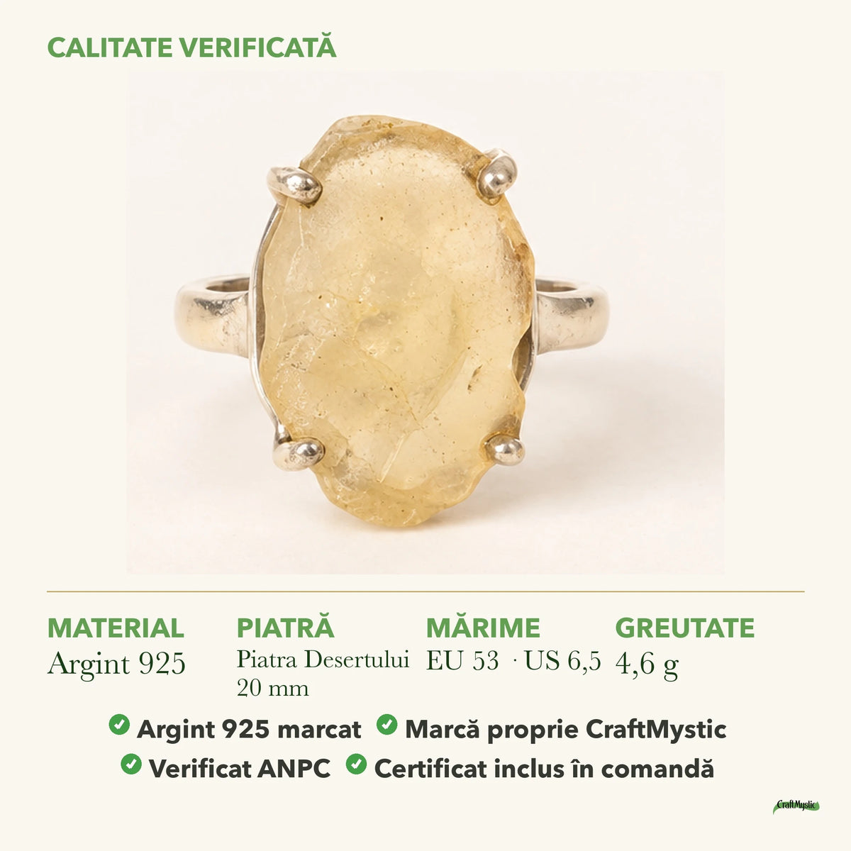 Inel cu Piatra Desertului: material, dimensiunea pietrei, greutate și marcajul 925