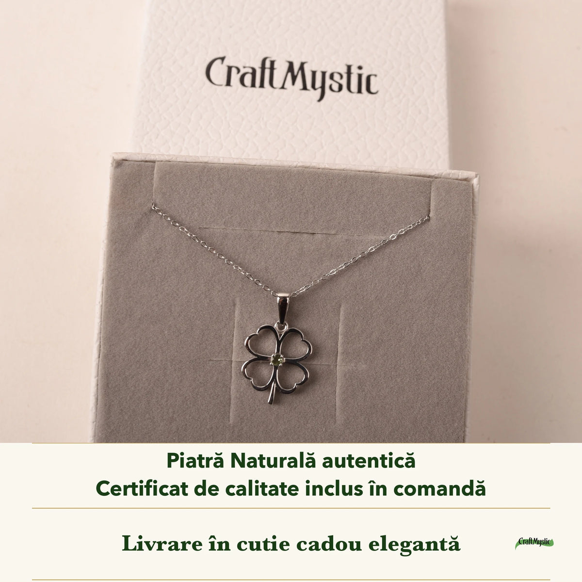 Colier cu Moldavit în cutia cadou CraftMystic, cu certificatul de calitate