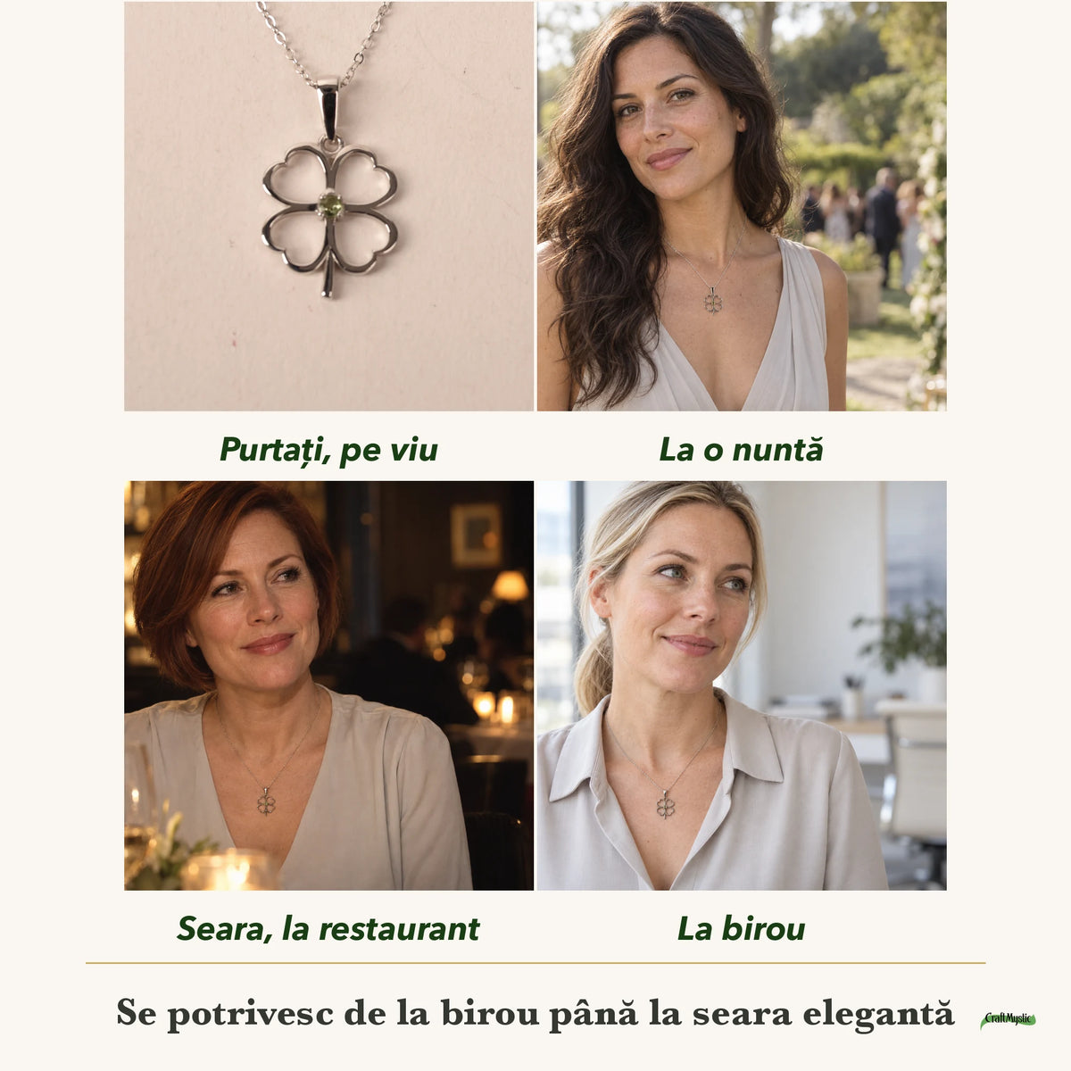 Colier cu Moldavit purtați de patru femei, la nuntă, seara, la birou și la o aniversare