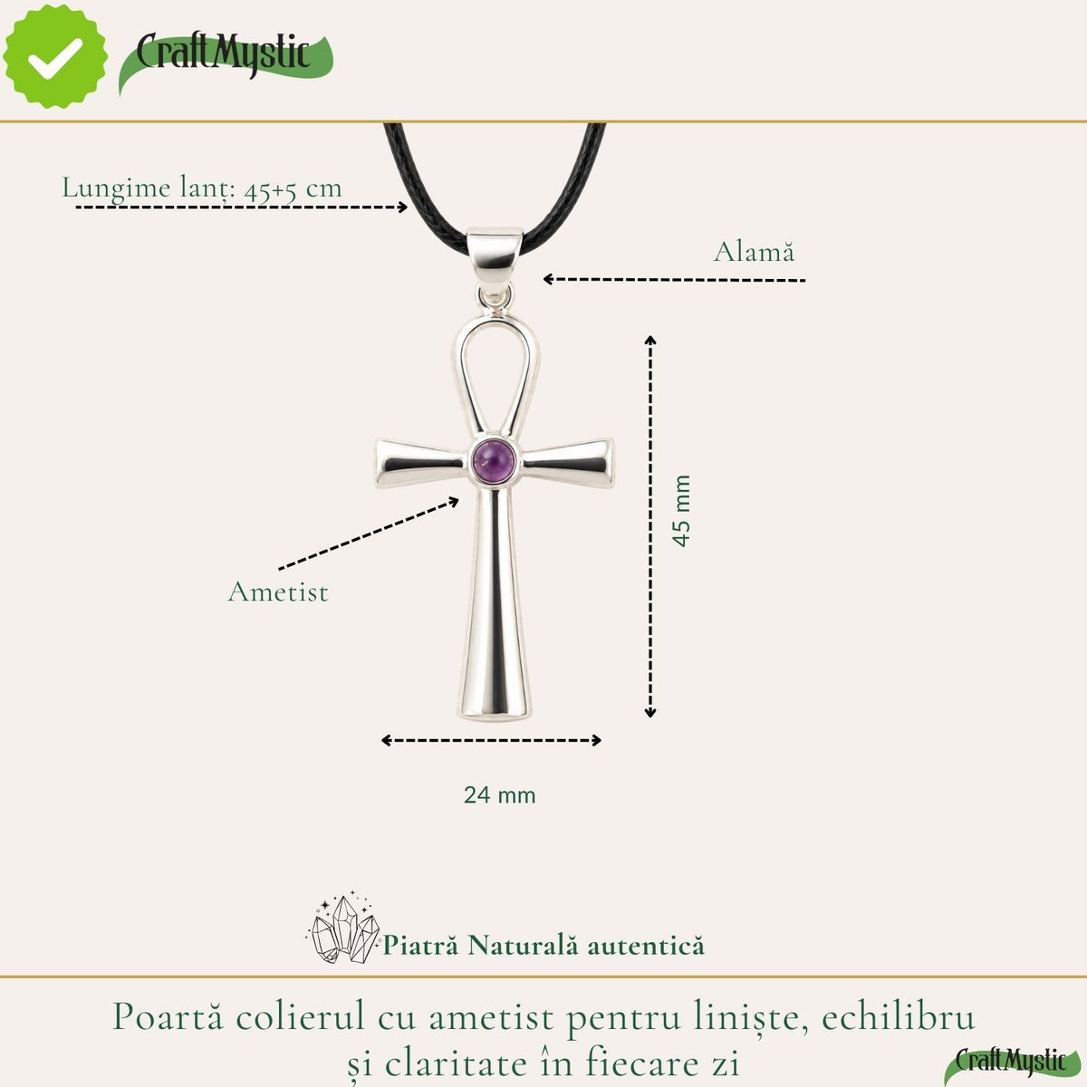 Colier cu Ametist natural și pandantiv Ankh