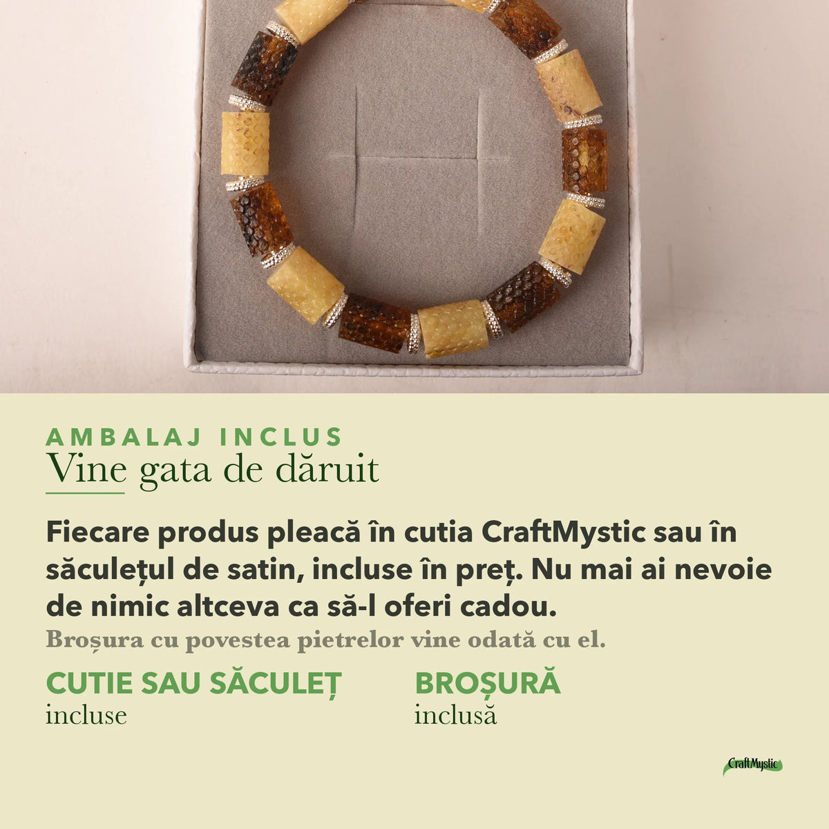 Brățară cu Chihlimbar în cutia cadou CraftMystic, cu certificatul de calitate