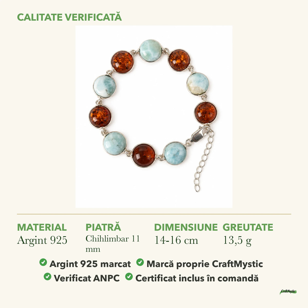 Brățară cu Chihlimbar și Larimar: material, dimensiunea pietrei, greutate și marcajul 925