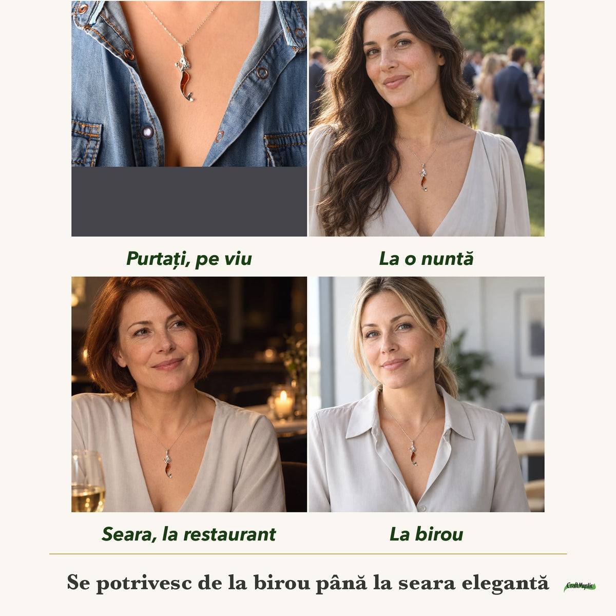 Colier cu Chihlimbar purtați de patru femei, la nuntă, seara, la birou și la o aniversare
