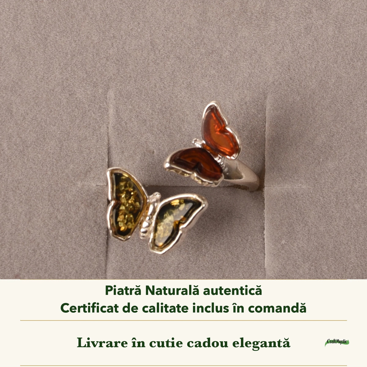 Inel cu Chihlimbar în cutia cadou CraftMystic, cu certificatul de calitate