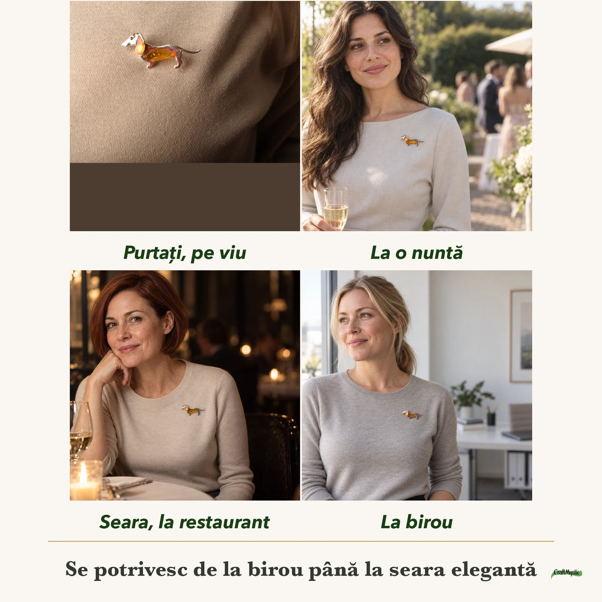 Broșă cu Chihlimbar purtați de patru femei, la nuntă, seara, la birou și la o aniversare