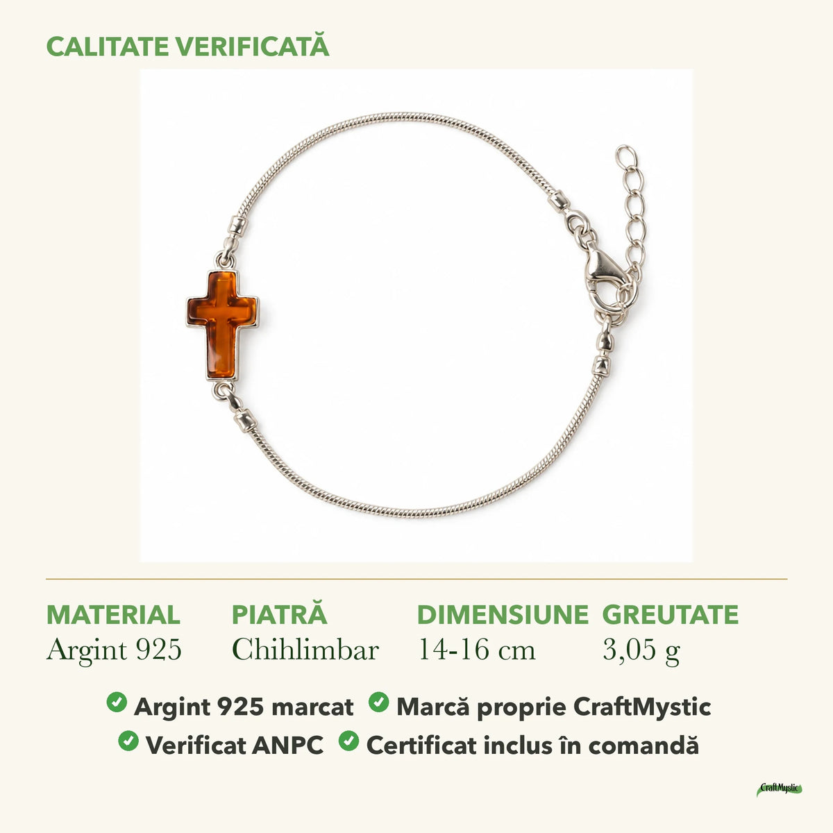 Brățară cu Chihlimbar: material, dimensiunea pietrei, greutate și marcajul 925