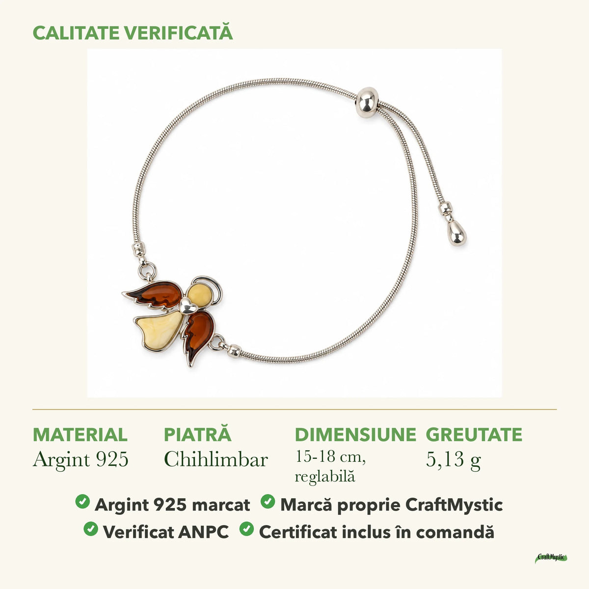 Brățară cu Chihlimbar: material, dimensiunea pietrei, greutate și marcajul 925