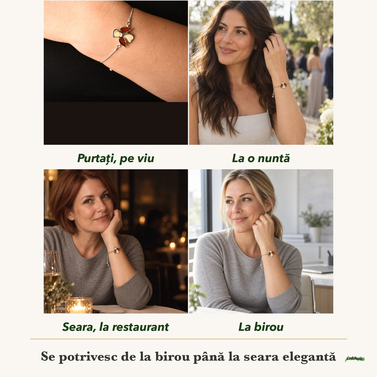 Brățară cu Chihlimbar purtați de patru femei, la nuntă, seara, la birou și la o aniversare