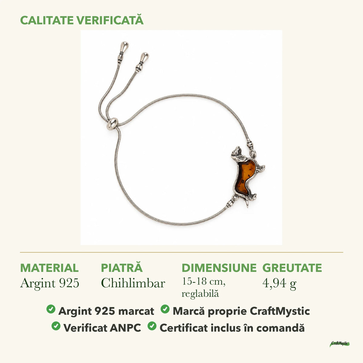 Brățară cu Chihlimbar: material, dimensiunea pietrei, greutate și marcajul 925