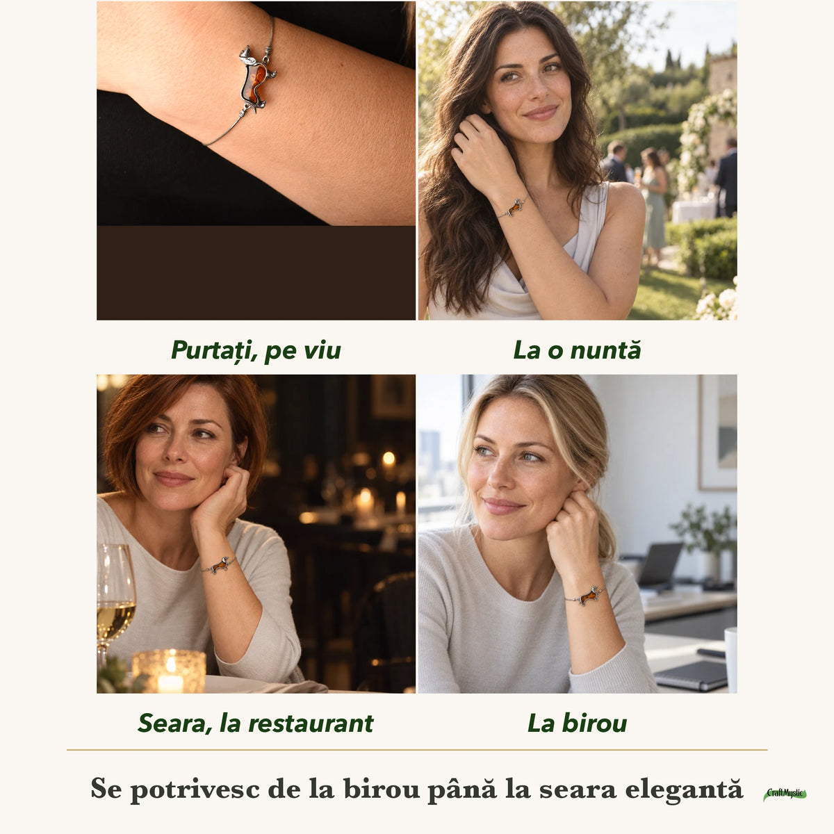 Brățară cu Chihlimbar purtați de patru femei, la nuntă, seara, la birou și la o aniversare