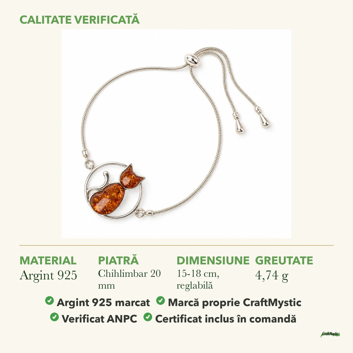 Brățară cu Chihlimbar: material, dimensiunea pietrei, greutate și marcajul 925