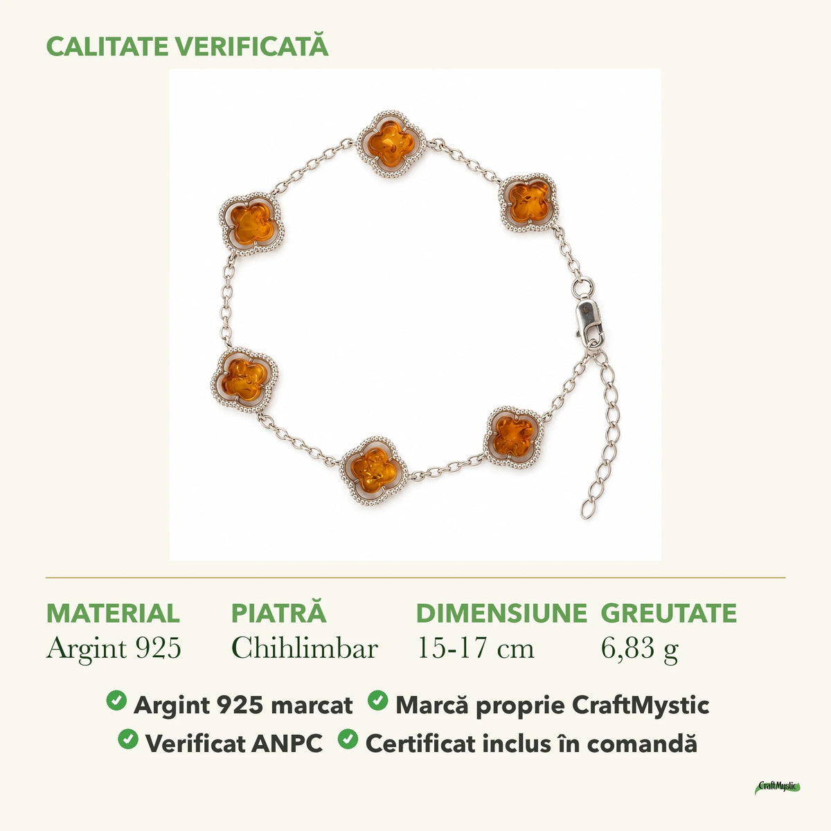 Brățară cu Chihlimbar: material, dimensiunea pietrei, greutate și marcajul 925
