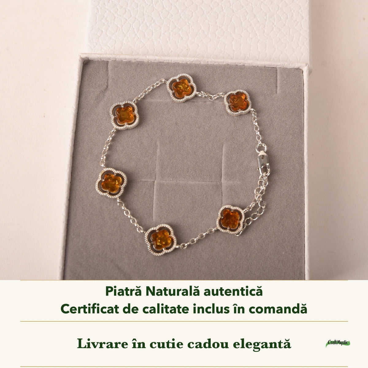 Brățară cu Chihlimbar în cutia cadou CraftMystic, cu certificatul de calitate