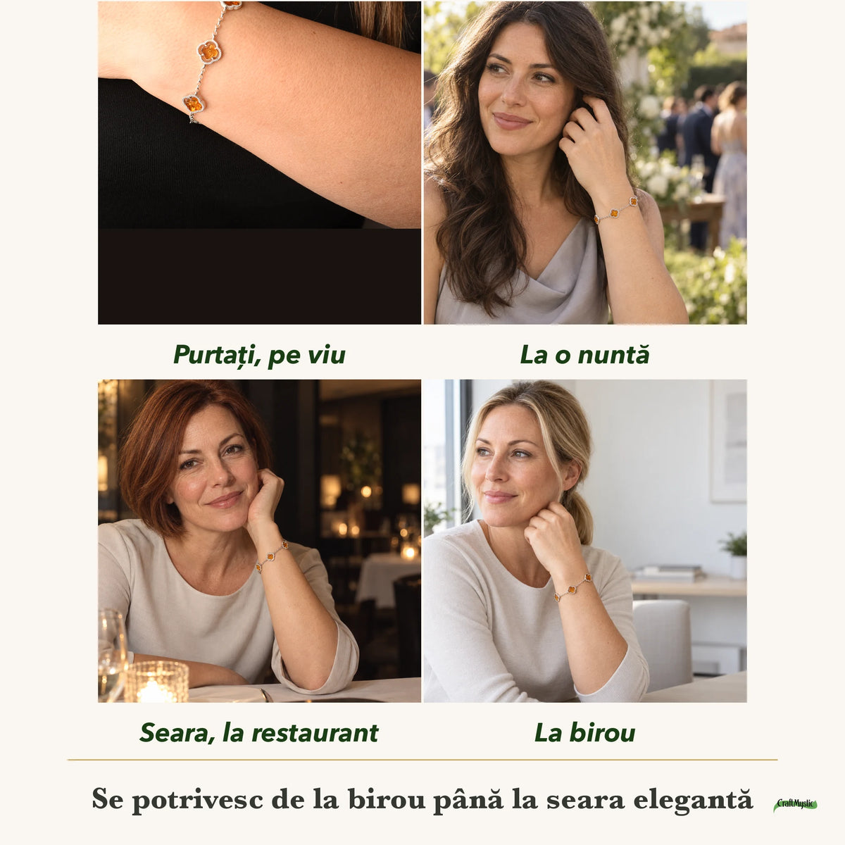 Brățară cu Chihlimbar purtați de patru femei, la nuntă, seara, la birou și la o aniversare
