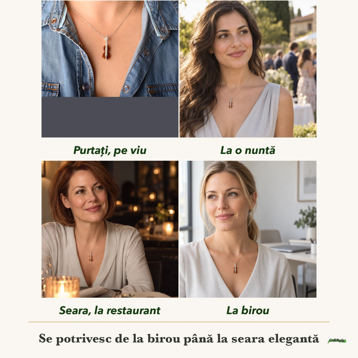 Colier cu Chihlimbar purtați de patru femei, la nuntă, seara, la birou și la o aniversare
