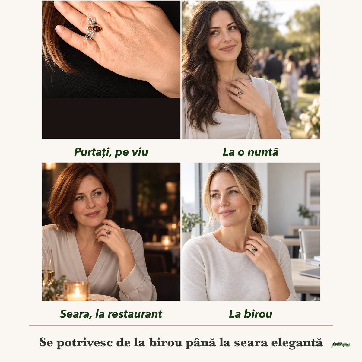Inel cu Chihlimbar purtați de patru femei, la nuntă, seara, la birou și la o aniversare