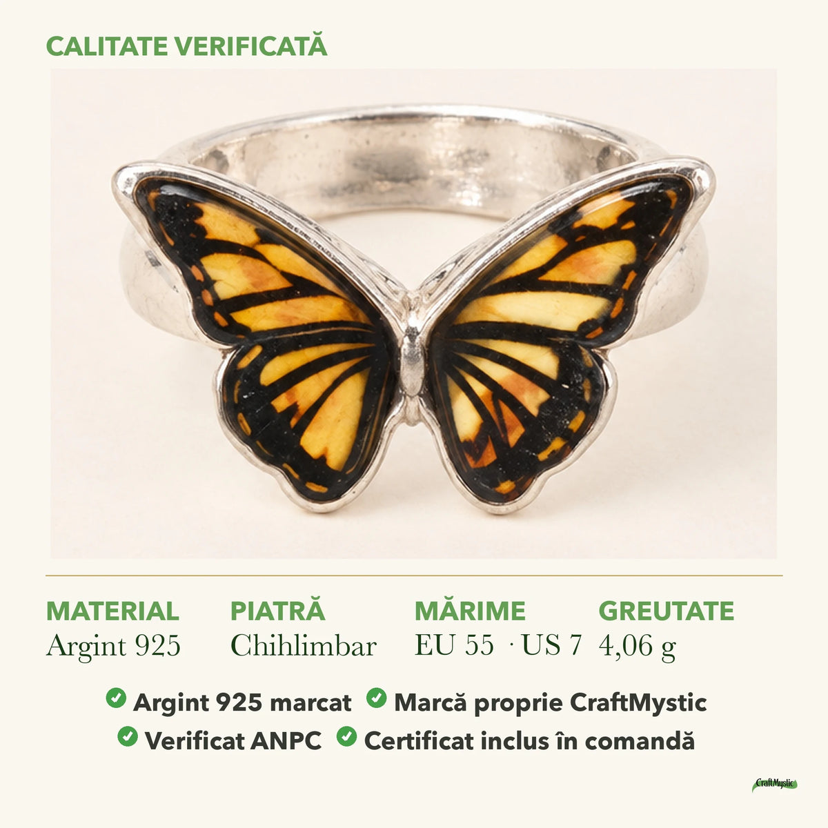 Inel cu Chihlimbar: material, dimensiunea pietrei, greutate și marcajul 925