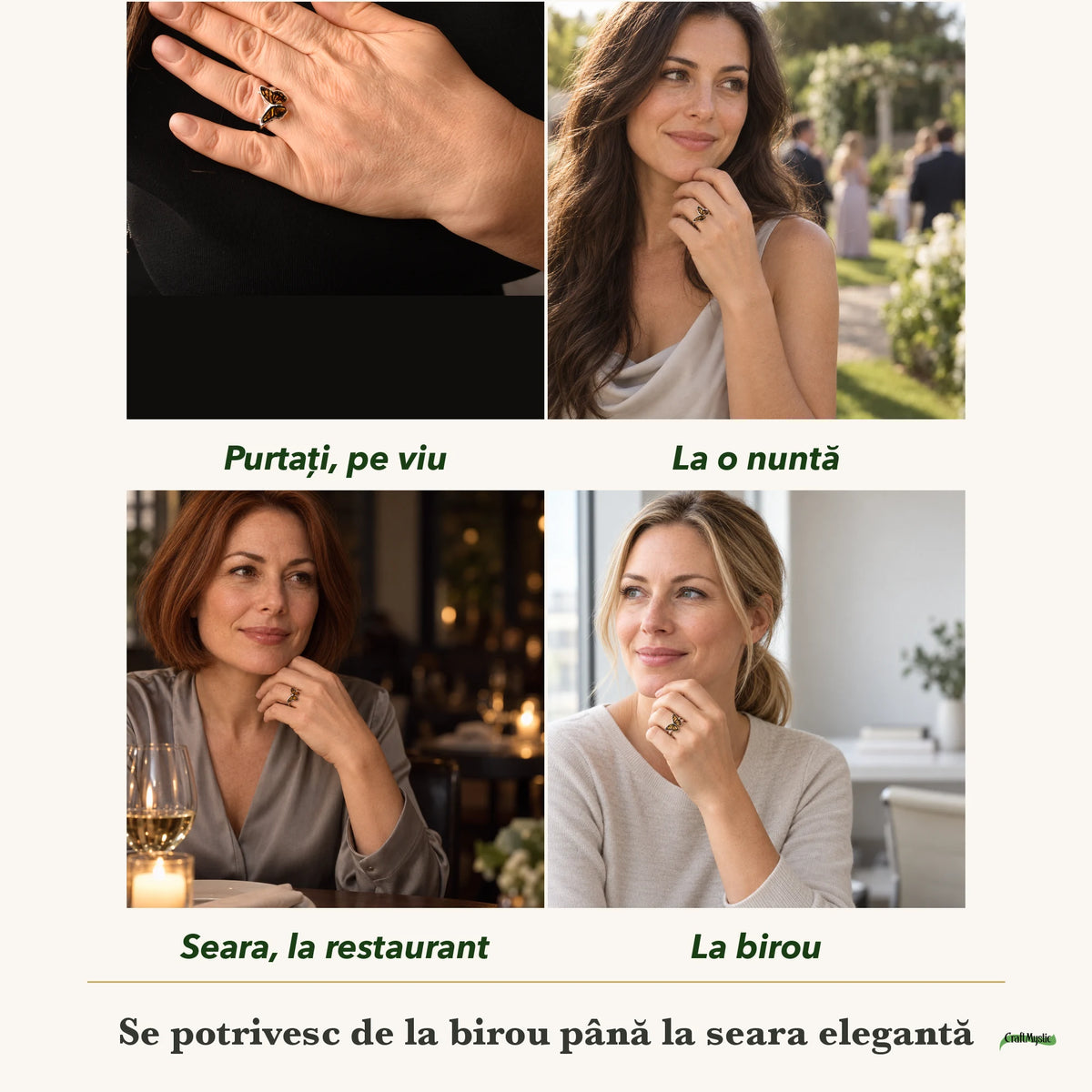 Inel cu Chihlimbar purtați de patru femei, la nuntă, seara, la birou și la o aniversare