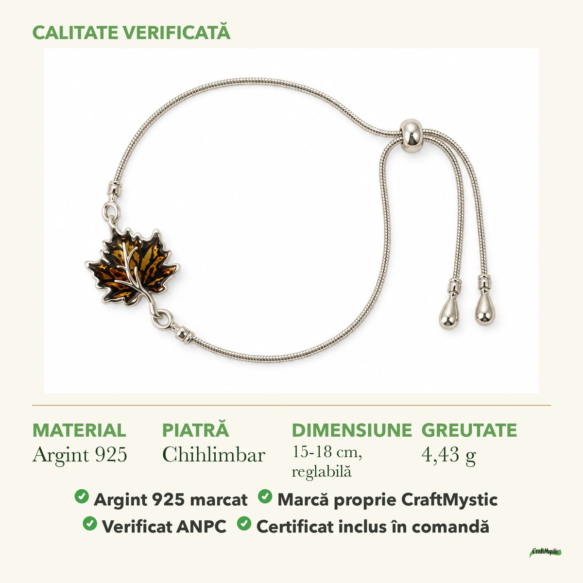 Brățară cu Chihlimbar: material, dimensiunea pietrei, greutate și marcajul 925