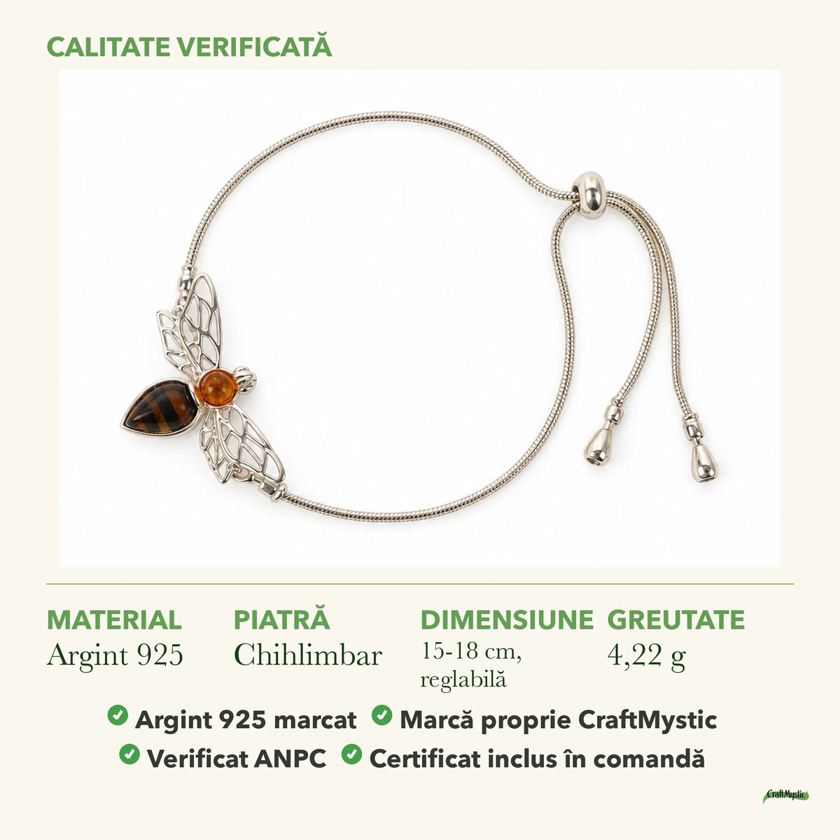 Brățară cu Chihlimbar: material, dimensiunea pietrei, greutate și marcajul 925