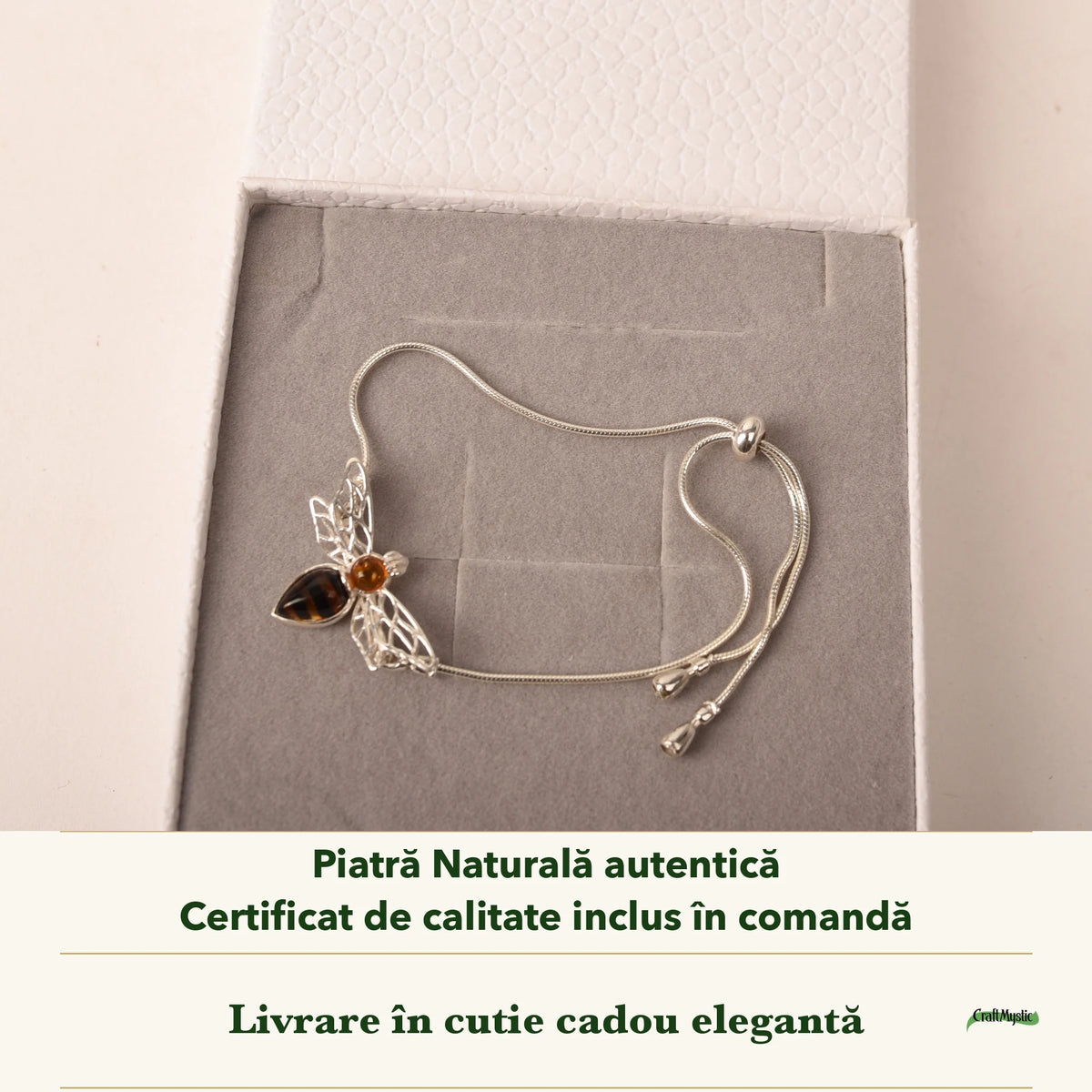 Brățară cu Chihlimbar în cutia cadou CraftMystic, cu certificatul de calitate