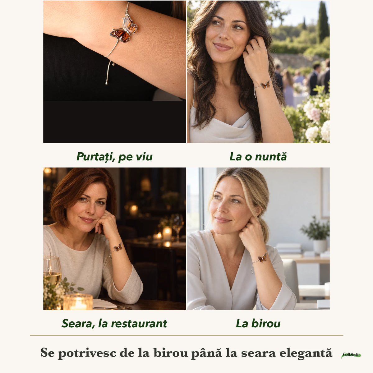 Brățară cu Chihlimbar purtați de patru femei, la nuntă, seara, la birou și la o aniversare