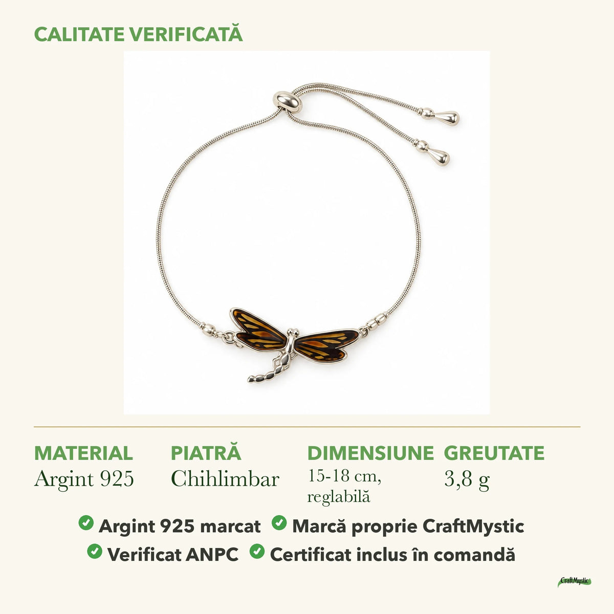 Brățară cu Chihlimbar: material, dimensiunea pietrei, greutate și marcajul 925