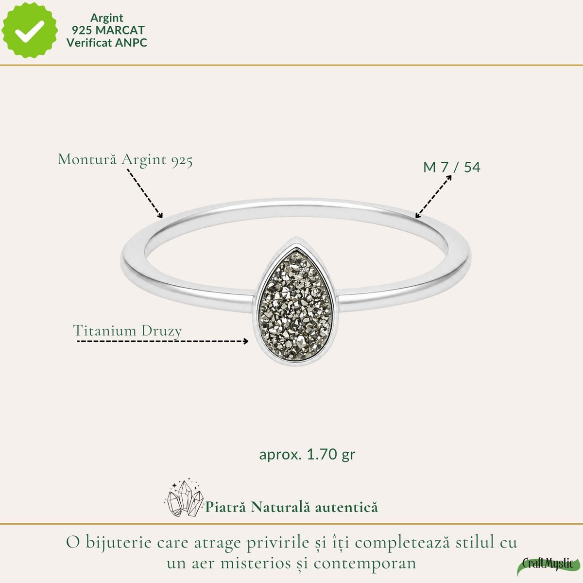925 Silver Ring with Titanium Druzy Teardrop – Sparkle and Positive Energy