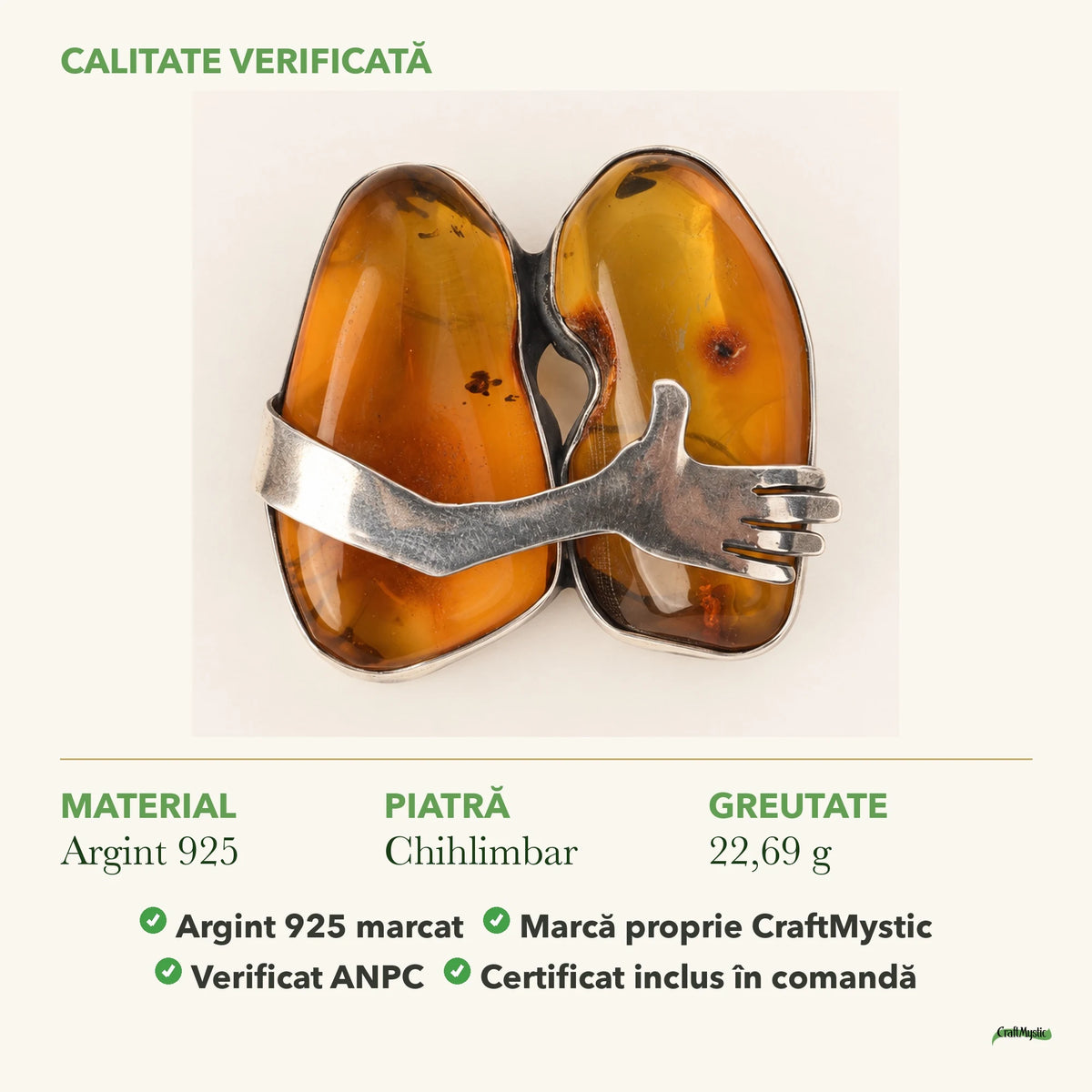 Broșă cu Chihlimbar: material, dimensiunea pietrei, greutate și marcajul 925