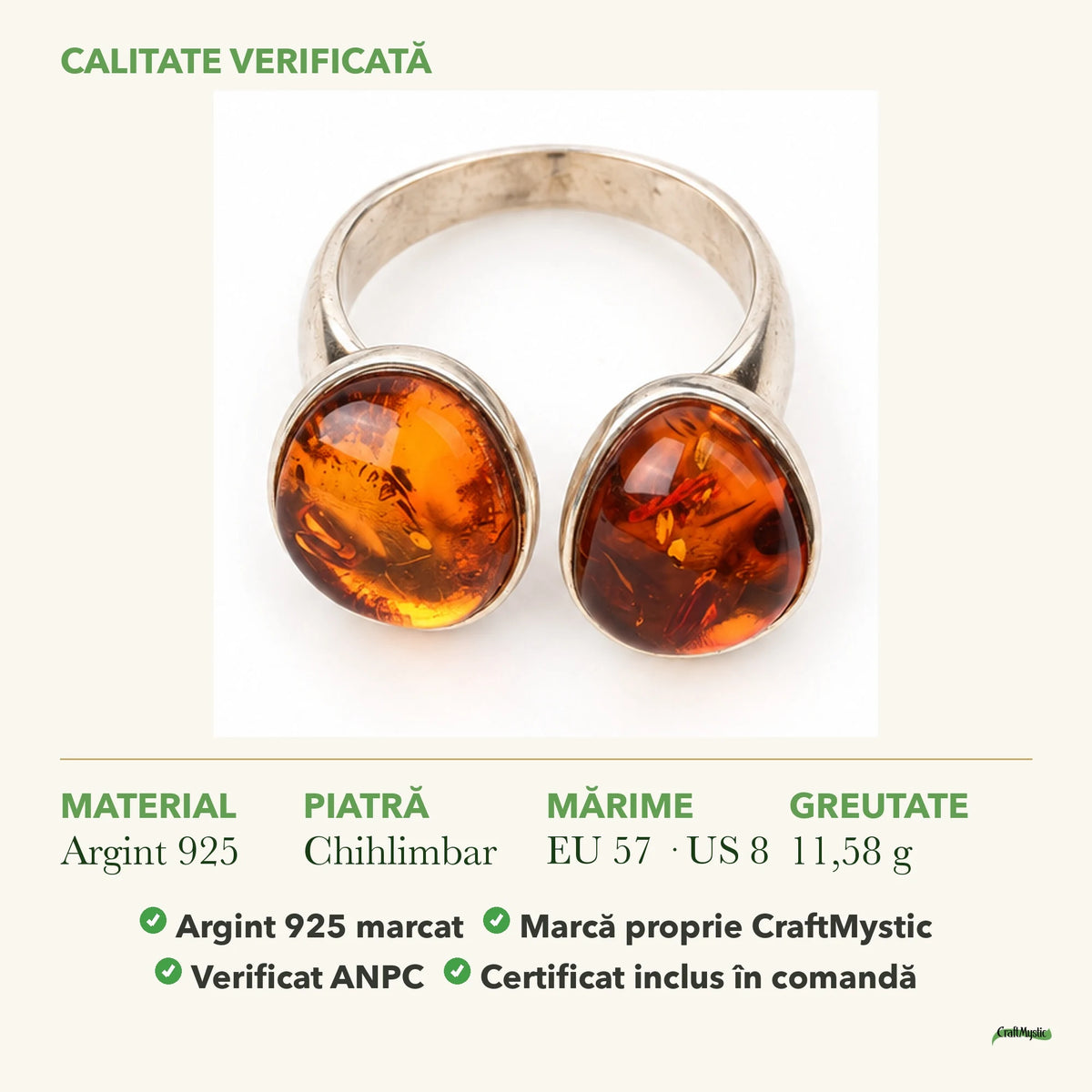 Inel cu Chihlimbar: material, dimensiunea pietrei, greutate și marcajul 925
