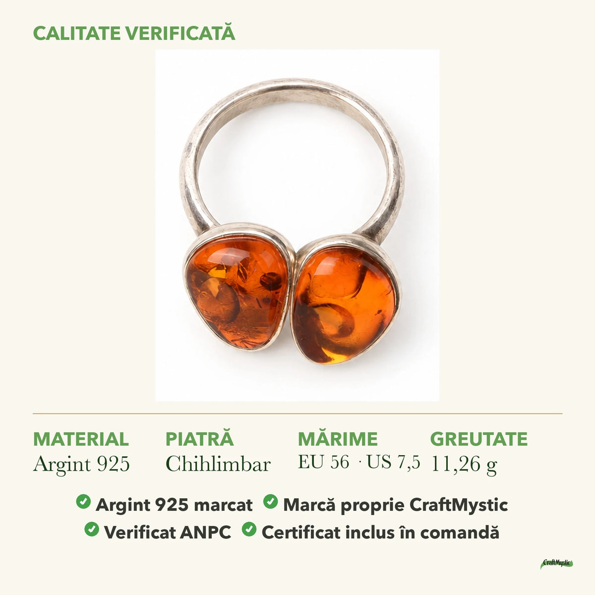 Inel cu Chihlimbar: material, dimensiunea pietrei, greutate și marcajul 925