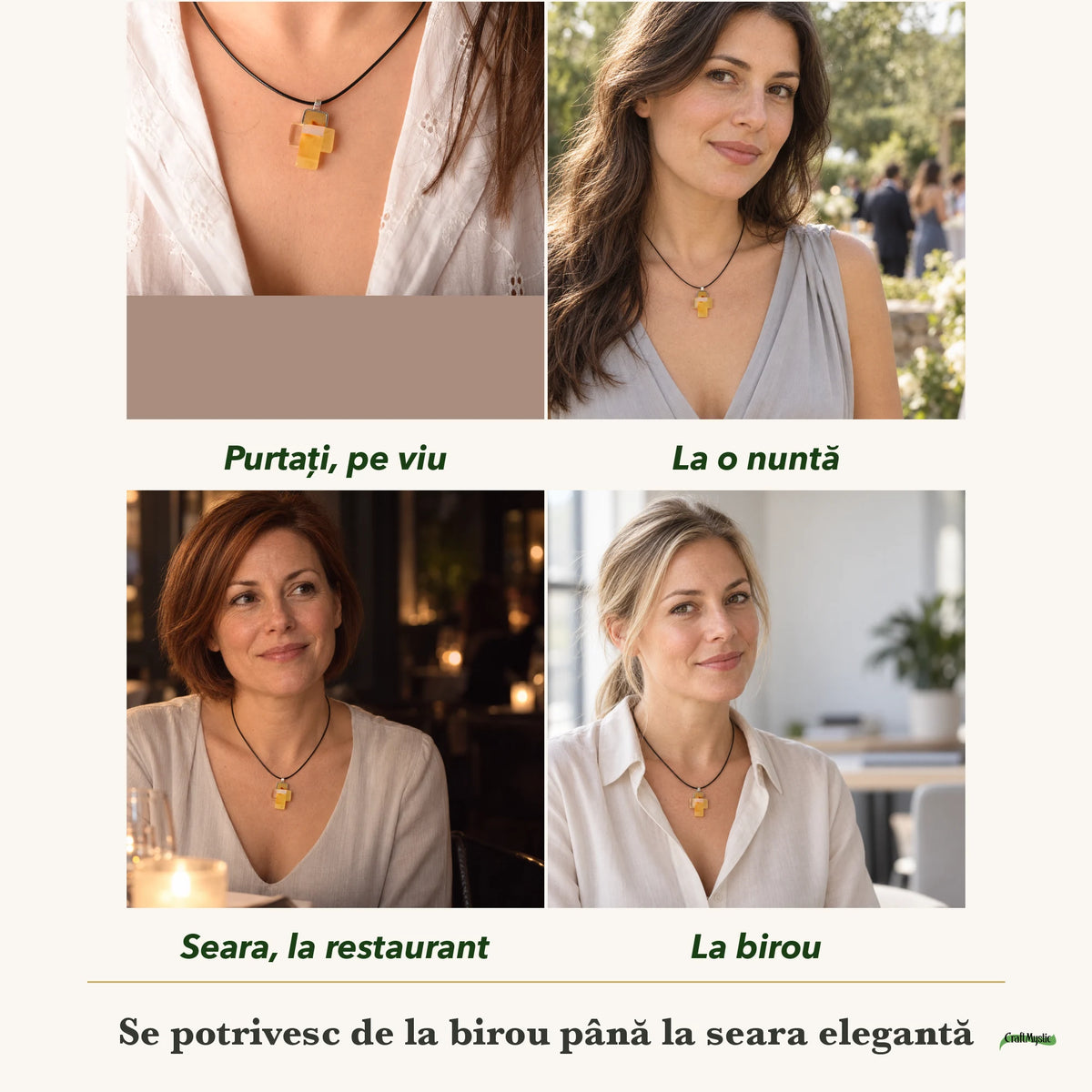 Colier cu Chihlimbar purtați de patru femei, la nuntă, seara, la birou și la o aniversare