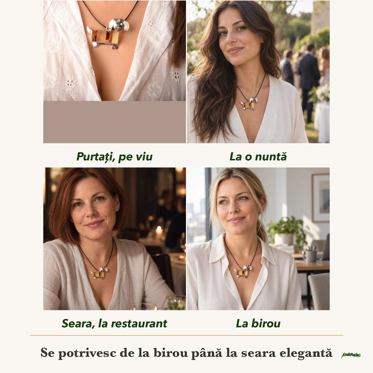 Colier cu Chihlimbar și Larimar purtați de patru femei, la nuntă, seara, la birou și la o aniversare