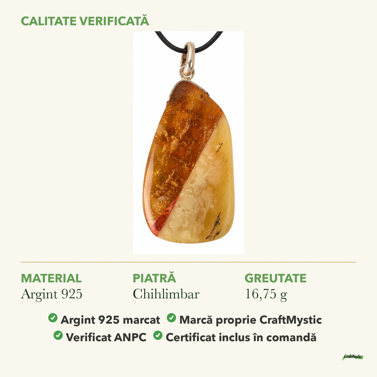 Colier cu Chihlimbar: material, dimensiunea pietrei, greutate și marcajul 925