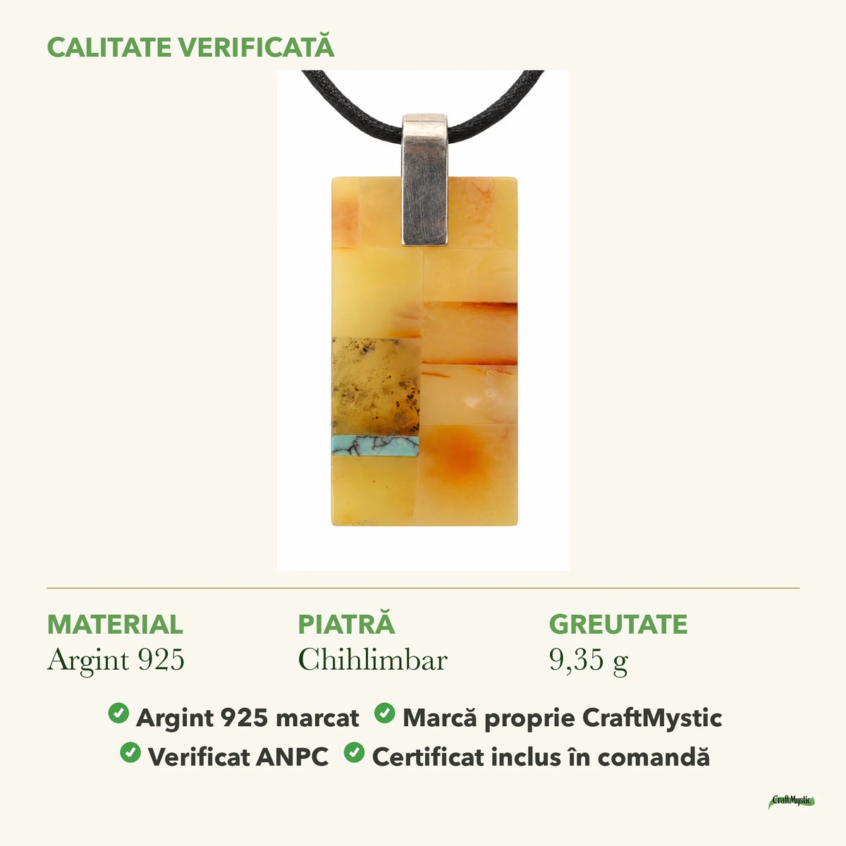 Colier cu Chihlimbar: material, dimensiunea pietrei, greutate și marcajul 925