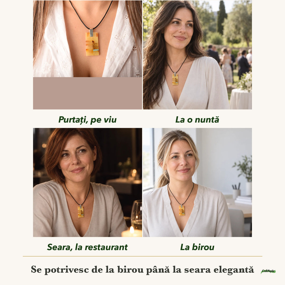 Colier cu Chihlimbar purtați de patru femei, la nuntă, seara, la birou și la o aniversare