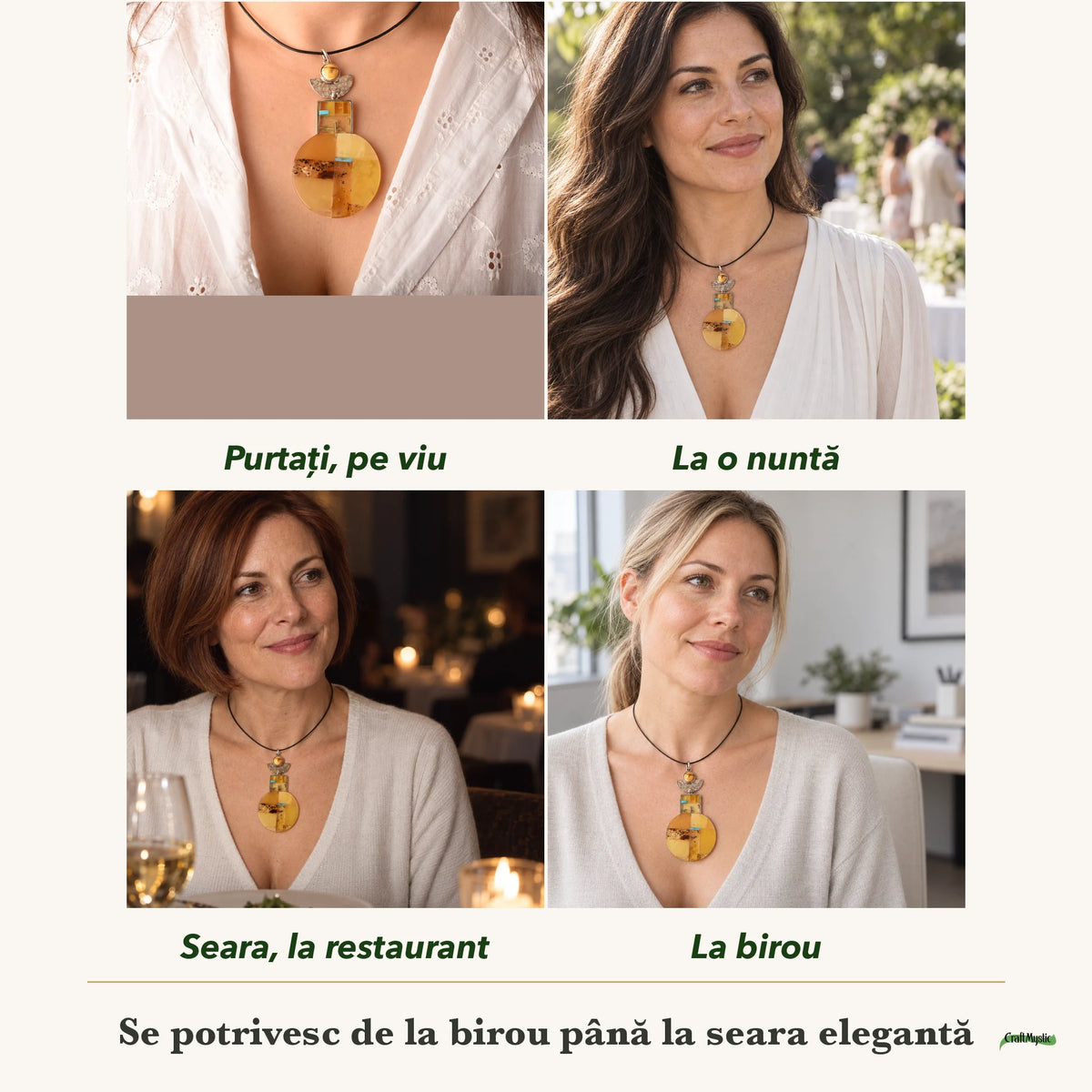 Colier cu Chihlimbar purtați de patru femei, la nuntă, seara, la birou și la o aniversare