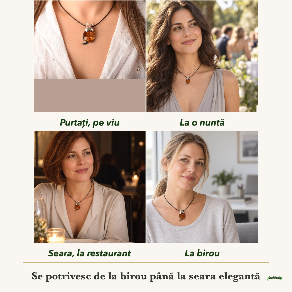 Colier cu Chihlimbar purtați de patru femei, la nuntă, seara, la birou și la o aniversare