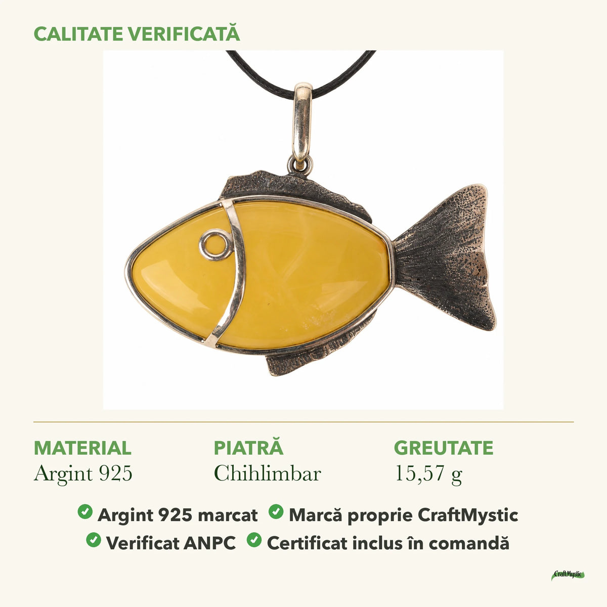 Colier cu Chihlimbar: material, dimensiunea pietrei, greutate și marcajul 925