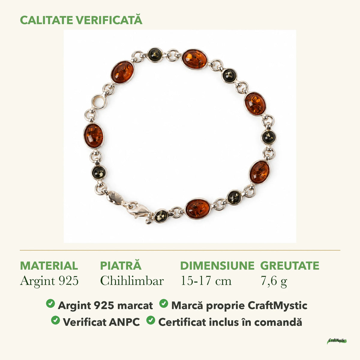 Brățară cu Chihlimbar: material, dimensiunea pietrei, greutate și marcajul 925