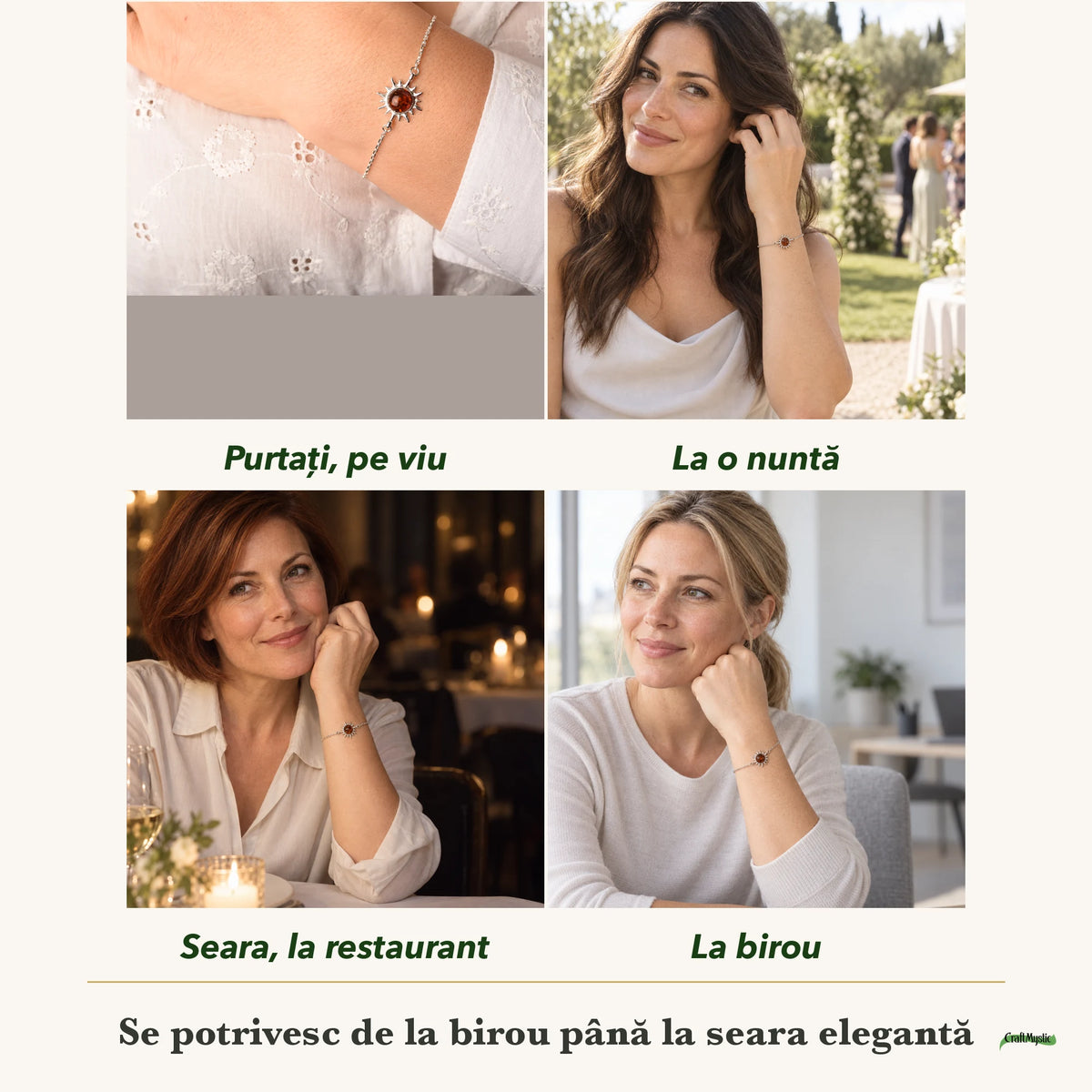 Brățară cu Chihlimbar purtați de patru femei, la nuntă, seara, la birou și la o aniversare