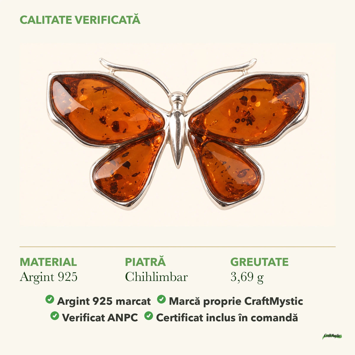 Broșă cu Chihlimbar: material, dimensiunea pietrei, greutate și marcajul 925