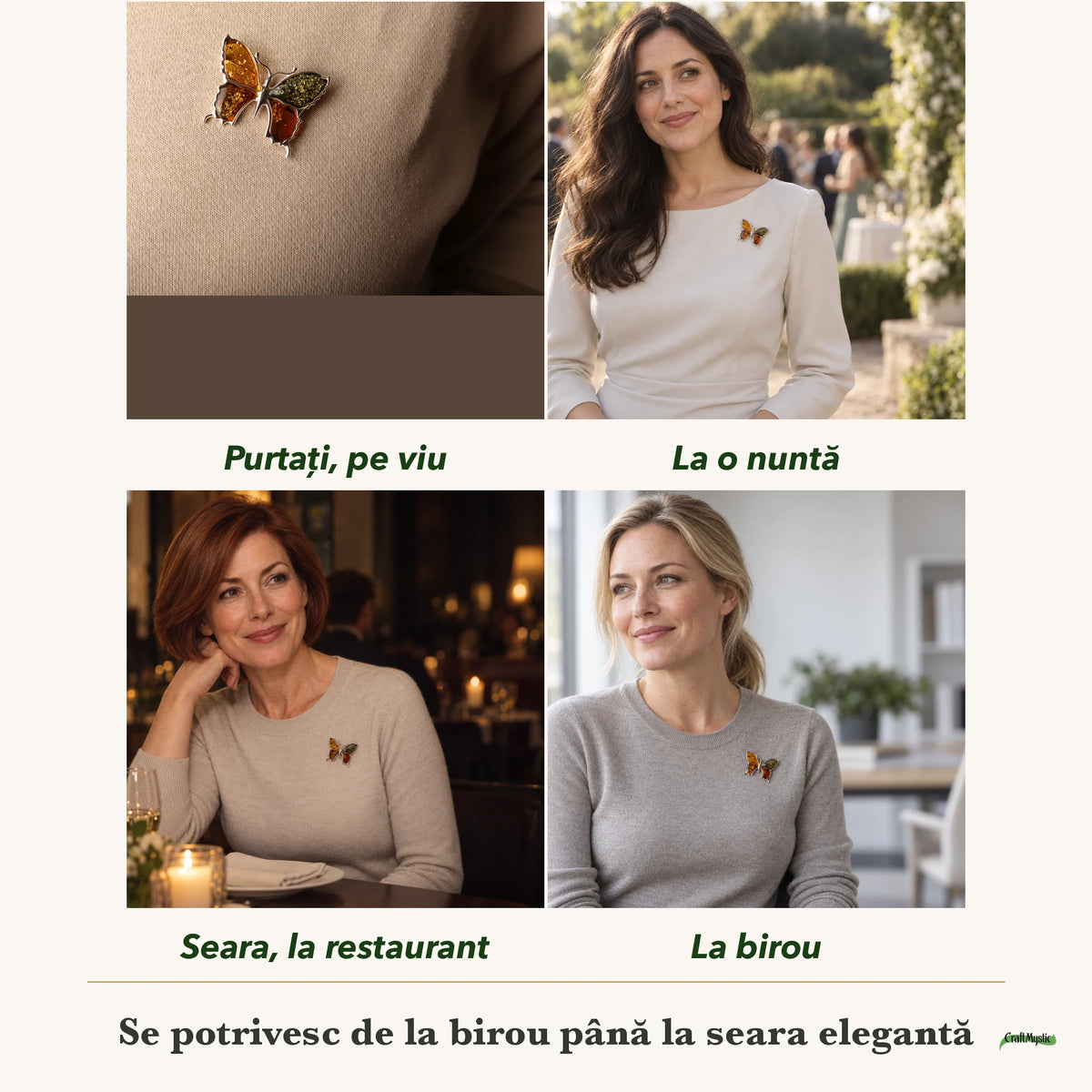 Broșă cu Chihlimbar purtați de patru femei, la nuntă, seara, la birou și la o aniversare