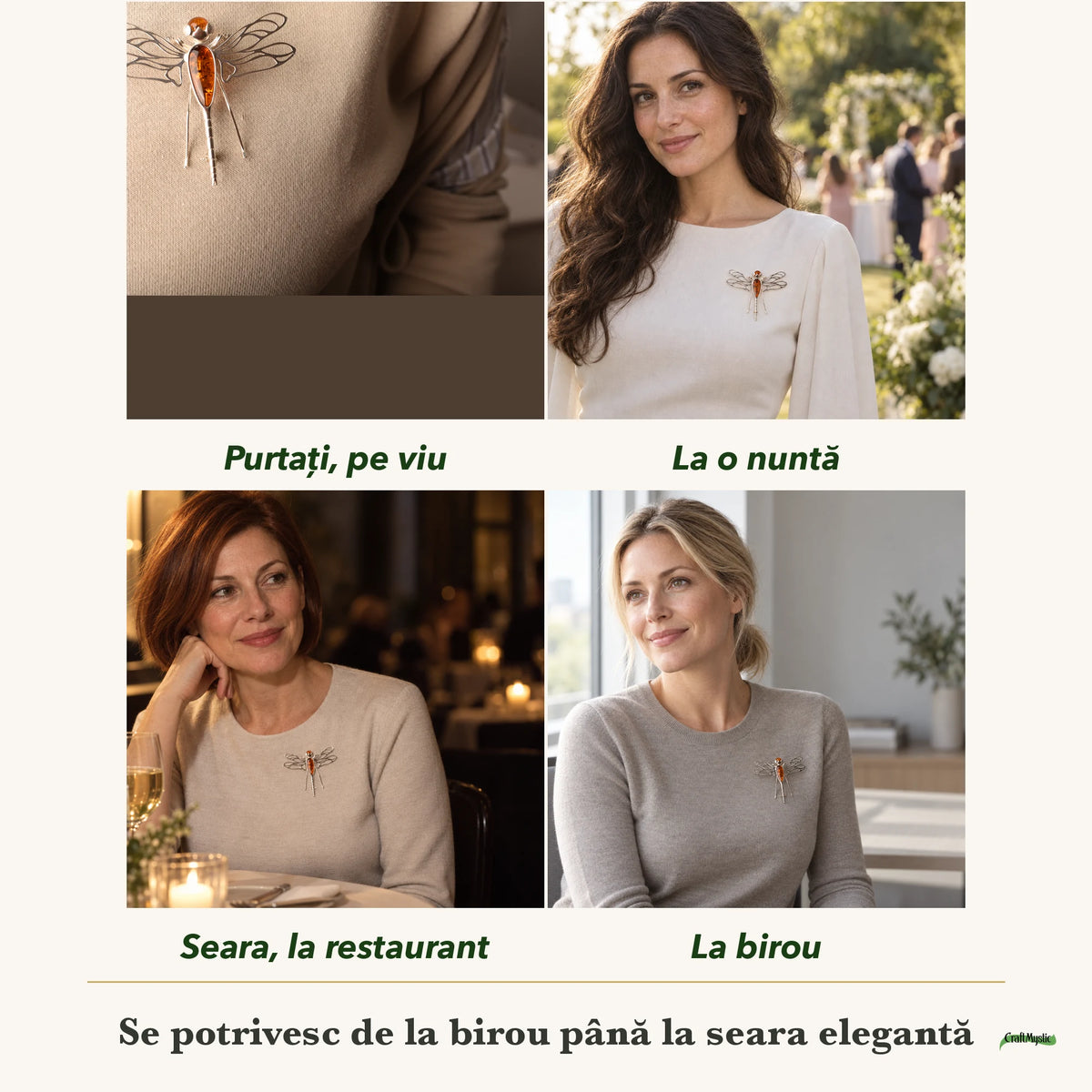Broșă cu Chihlimbar purtați de patru femei, la nuntă, seara, la birou și la o aniversare