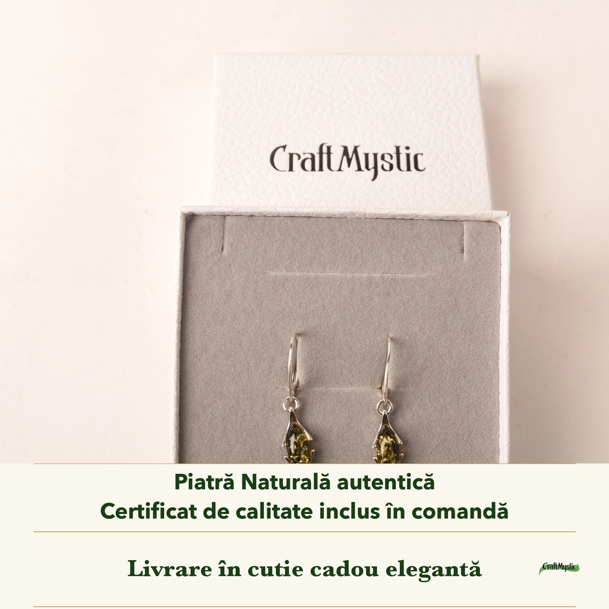 Cercei cu Chihlimbar în cutia cadou CraftMystic, cu certificatul de calitate