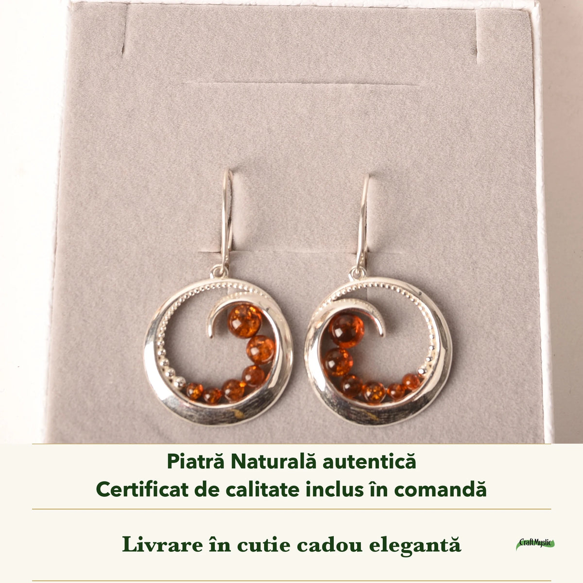 Cercei cu Chihlimbar în cutia cadou CraftMystic, cu certificatul de calitate