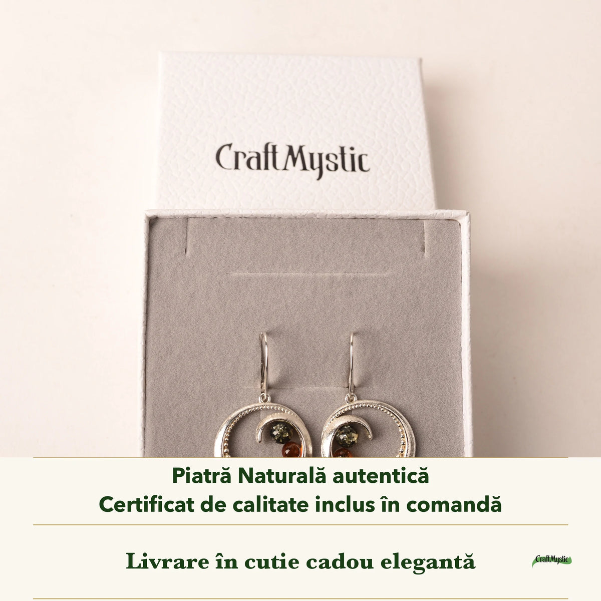 Cercei cu Chihlimbar în cutia cadou CraftMystic, cu certificatul de calitate