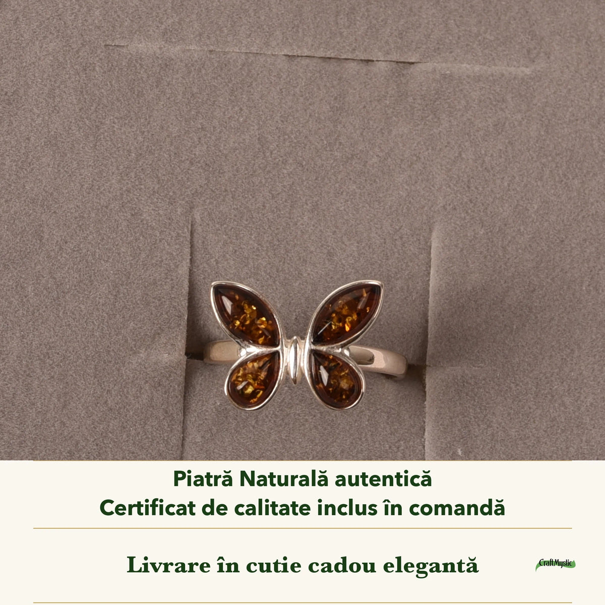 Inel cu Chihlimbar în cutia cadou CraftMystic, cu certificatul de calitate