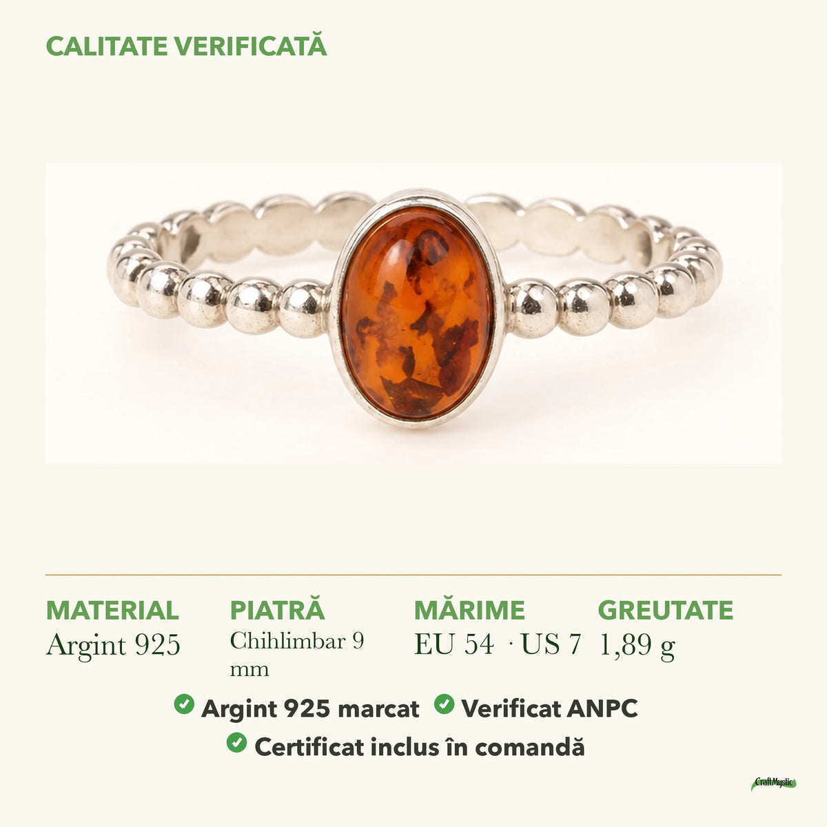 Inel cu Chihlimbar: material, dimensiunea pietrei, greutate și marcajul 925